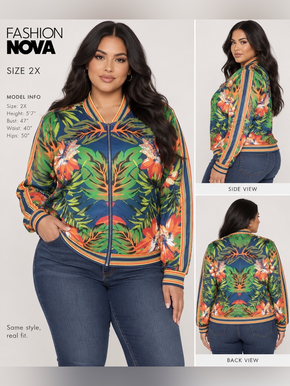 Fashion Nova 2X Tropical Floral Zip Front Long Sleeve Top Multicolor